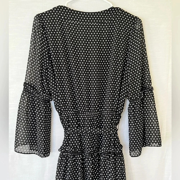 MICHAEL KORS Tiered Polka Dot Chiffon MIDI Dress Black - Picture 7 of 9